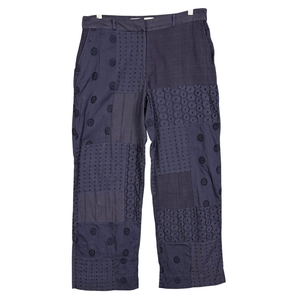 Zara Pants Womens Medium Navy Blue Patchwork Eyelet Embroidered Swiss Dot